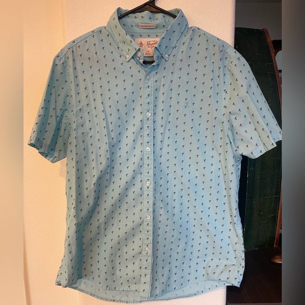 Original Penguin Light Blue Short-Sleeve Palm-Print Button-Down Shirt